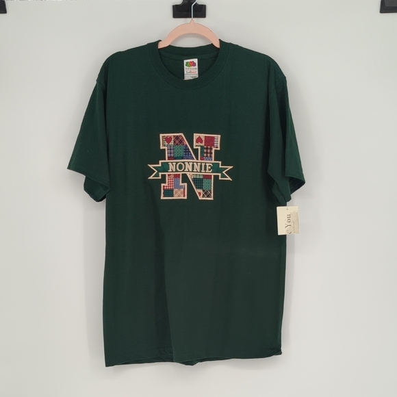 01112 Nonnie Logo Patchwork Knit T Shirt Green Size Large unisex 90s 80s casual - Picture 1 of 6